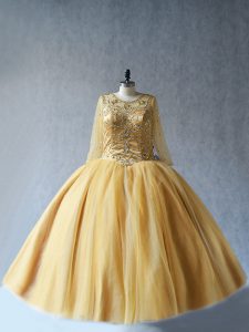 Gold Scoop Lace Up Beading 15 Quinceanera Dress Sleeveless