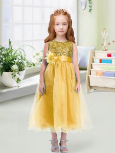 Gold Scoop Zipper Sequins and Hand Made Flower Flower Girl Dress Sleeveless