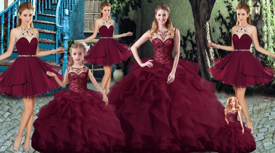 Tulle Sleeveless Quince Ball Gowns Brush Train and Beading and Ruffles