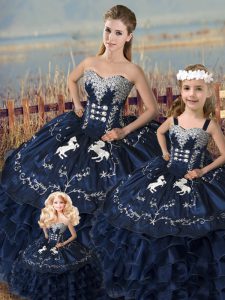 Navy Blue Lace Up Sweetheart Embroidery and Ruffles Quinceanera Gowns Satin and Organza Sleeveless