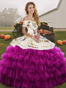 Exquisite Sleeveless Organza Floor Length Lace Up Vestidos de Quinceanera in Fuchsia with Embroidery and Ruffled Layers