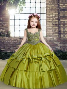 Fancy Olive Green Ball Gowns Beading Girls Pageant Dresses Lace Up Taffeta Sleeveless Floor Length