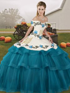 Chic Teal Off The Shoulder Lace Up Embroidery and Ruffled Layers 15th Birthday Dress Brush Train Sleeveless
