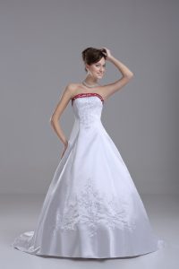 White Ball Gowns Strapless Sleeveless Satin Brush Train Lace Up Beading and Embroidery Wedding Gowns