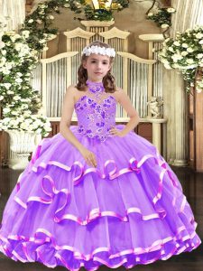 Sleeveless Floor Length Appliques and Ruffled Layers Lace Up Little Girls Pageant Dress Wholesale with Lavender