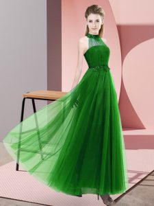 Floor Length Lace Up Bridesmaid Dress Green for Wedding Party with Beading and Appliques