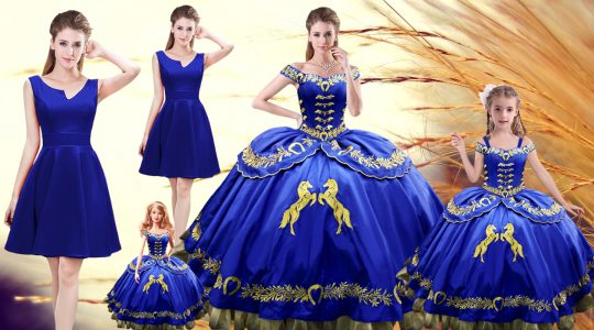 Royal Blue Off The Shoulder Neckline Embroidery 15th Birthday Dress Sleeveless Lace Up