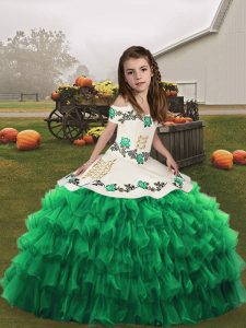 Superior Green Sleeveless Floor Length Embroidery Lace Up Little Girl Pageant Dress