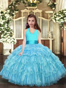 Beautiful Aqua Blue Halter Top Lace Up Ruffled Layers Child Pageant Dress Sleeveless