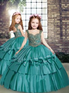 Admirable Teal Sleeveless Floor Length Beading Lace Up Pageant Dress for Teens