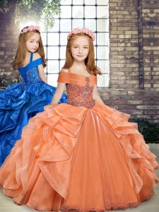 Hot Selling Orange Lace Up Straps Beading and Ruffles Little Girl Pageant Dress Organza Sleeveless