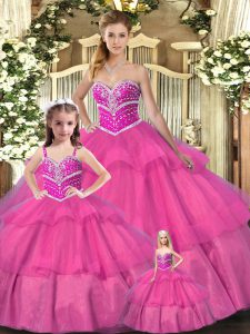 Sweetheart Sleeveless Quinceanera Gowns Floor Length Beading Hot Pink Organza