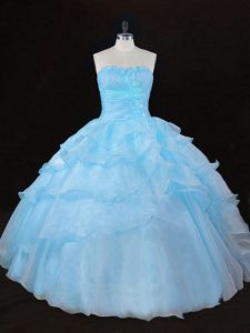 On Sale Aqua Blue Ball Gowns Ruffles Ball Gown Prom Dress Lace Up Organza Sleeveless Floor Length