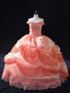 Sweet Watermelon Red Off The Shoulder Neckline Beading and Sequins Quinceanera Gown Sleeveless Lace Up