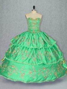 Green Ball Gowns Sweetheart Sleeveless Satin and Organza Floor Length Lace Up Embroidery and Ruffled Layers Quinceanera 