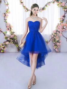 Exquisite Royal Blue Lace Up Court Dresses for Sweet 16 Lace Sleeveless High Low