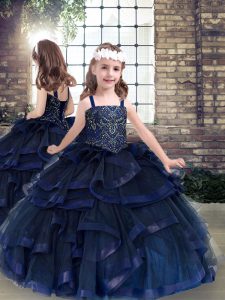 Sleeveless Floor Length Beading and Ruffles Lace Up Pageant Gowns For Girls with Navy Blue