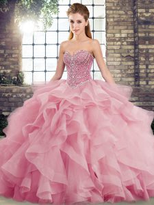 Sleeveless Tulle Brush Train Lace Up Quinceanera Gowns in Pink with Beading and Ruffles