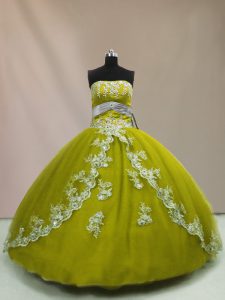 Comfortable Olive Green Ball Gowns Tulle Strapless Sleeveless Appliques Floor Length Lace Up Ball Gown Prom Dress