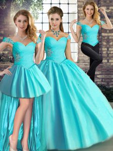 Luxury Aqua Blue Lace Up Off The Shoulder Beading Quince Ball Gowns Tulle Sleeveless
