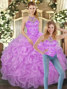 Floor Length Two Pieces Sleeveless Lilac Sweet 16 Dresses Lace Up