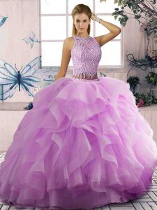 Lilac Scoop Lace Up Beading and Ruffles Quince Ball Gowns Sleeveless
