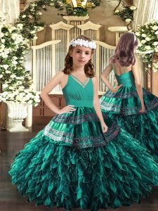 Appliques and Ruffles Glitz Pageant Dress Turquoise Zipper Sleeveless Floor Length