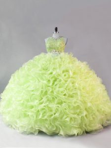 Top Selling Scoop Sleeveless Zipper 15th Birthday Dress Yellow Green Fabric With Rolling Flowers