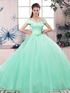 Apple Green Lace Up Quinceanera Dress Lace and Hand Made Flower Short Sleeves Floor Length