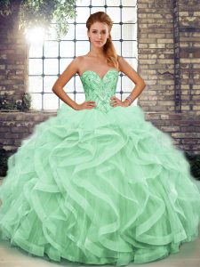 Hot Sale Apple Green Sleeveless Tulle Lace Up Ball Gown Prom Dress for Military Ball and Sweet 16 and Quinceanera