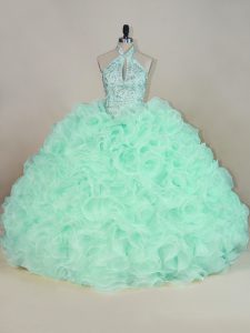 Clearance Halter Top Sleeveless Brush Train Lace Up Sweet 16 Dresses Apple Green Fabric With Rolling Flowers