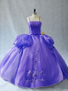 Traditional Lavender Organza Lace Up Straps Sleeveless Floor Length Sweet 16 Dresses Appliques