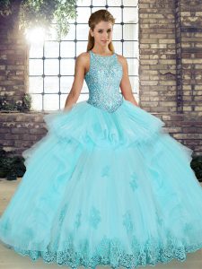 Best Sleeveless Tulle Floor Length Lace Up Quinceanera Dress in Aqua Blue with Lace and Embroidery and Ruffles