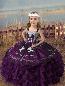High End Floor Length Lace Up Kids Pageant Dress Dark Purple for Wedding Party with Embroidery and Ruffled Layers