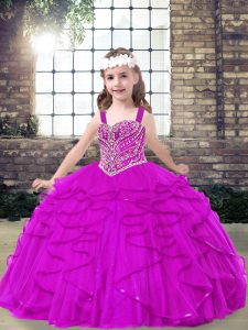 Best Beading and Ruffles Little Girl Pageant Gowns Fuchsia Lace Up Sleeveless Floor Length