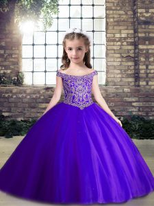 Purple Off The Shoulder Neckline Beading Pageant Dress for Teens Sleeveless Lace Up