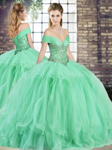 Off The Shoulder Sleeveless Lace Up Quinceanera Gown Apple Green Tulle
