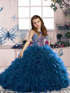 Navy Blue Sleeveless Organza Lace Up High School Pageant Dress for Party and Military Ball and Wedding Party