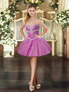 Sleeveless Tulle Mini Length Lace Up Homecoming Dress in Lavender with Beading and Ruffles