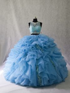 Top Selling Blue Two Pieces Scoop Sleeveless Organza Brush Train Zipper Beading and Ruffles 15 Quinceanera Dress