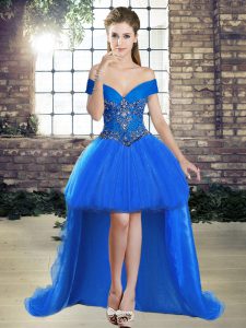 High Low Blue Dress for Prom Off The Shoulder Sleeveless Lace Up