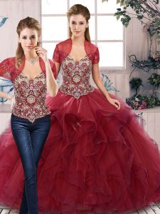 Hot Selling Burgundy Two Pieces Off The Shoulder Sleeveless Tulle Floor Length Lace Up Beading and Ruffles Sweet 16 Quin