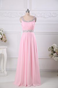 Scoop Sleeveless Evening Dress Floor Length Beading and Ruching Baby Pink Chiffon