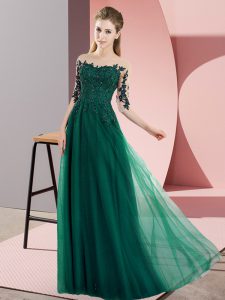 Beading and Lace Wedding Party Dress Dark Green Lace Up Half Sleeves Floor Length