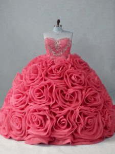 Coral Red Fabric With Rolling Flowers Lace Up Quinceanera Dress Sleeveless Brush Train Beading