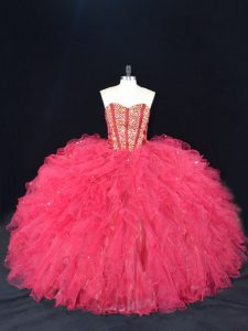 Lace Up Vestidos de Quinceanera Coral Red for Sweet 16 and Quinceanera with Beading and Ruffles