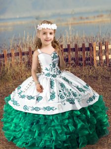 New Arrival Dark Green Pageant Gowns For Girls Wedding Party with Embroidery and Ruffles Straps Sleeveless Lace Up