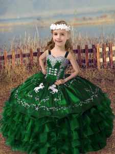 Floor Length Green Little Girls Pageant Gowns Straps Sleeveless Lace Up