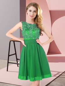 Enchanting Green Chiffon Backless Scoop Sleeveless Mini Length Vestidos de Damas Beading and Appliques