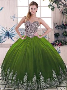 Tulle Sweetheart Sleeveless Lace Up Beading and Embroidery 15th Birthday Dress in Olive Green